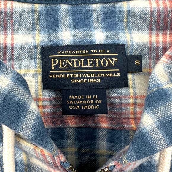 PENDLETON Boyfriend Wool Zip Hoodie Womens Small Cream Blue Pink Plaid Hooded - Picture 11 of 15